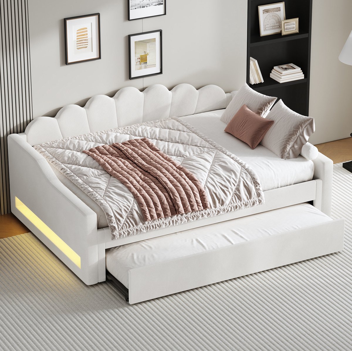 REDOM - Bedbank - LED-verlichting - Uitziehbed - Met lattenbodem - Moderne stijl - Slaapkamer - MDF en stof - Beige - 212 x 148,5 x 84 cm