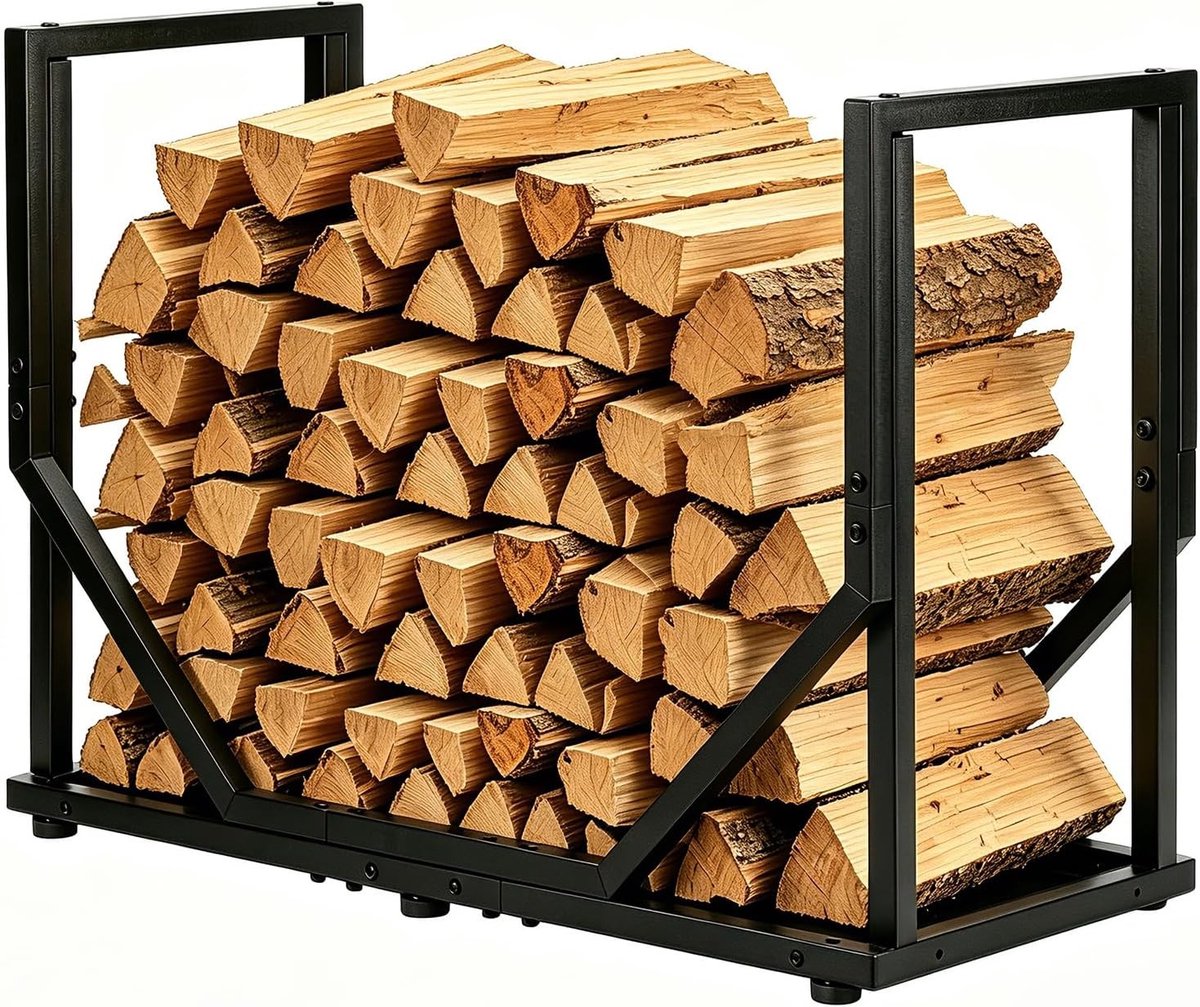 Stevig opbergrek voor binnen en buiten, roestvrij en geschikt voor haardhout, ideaal voor boomstammen en tuinaccessoires