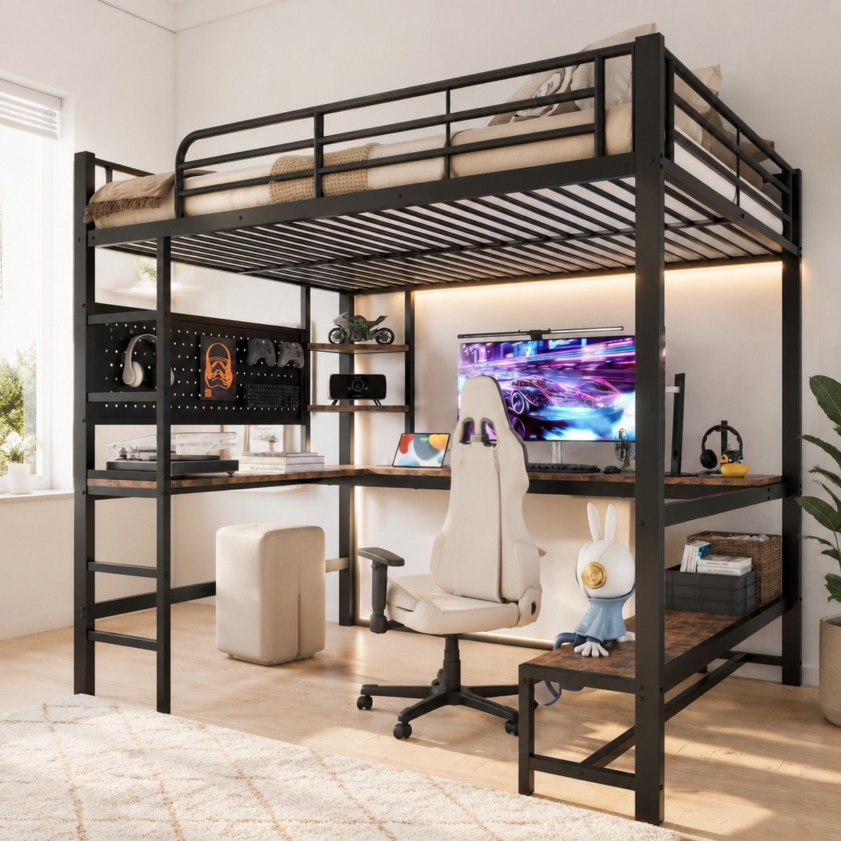 REDOM- Hoogslaper - Met bureau en opbergruimte - Met ladder en uitvalbeveiliging - Met LED-verlichting en USB-C - Metaal en MDF - Zwart - 204 x 145 x 180 cm