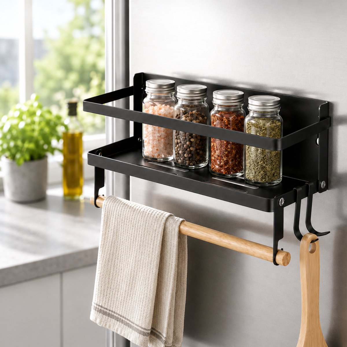 Magnetisch opbergrek – Inklapbaar kruidenrek voor koelkast – Met stang & 2 haakjes – Zwart – 30x11x10 cm