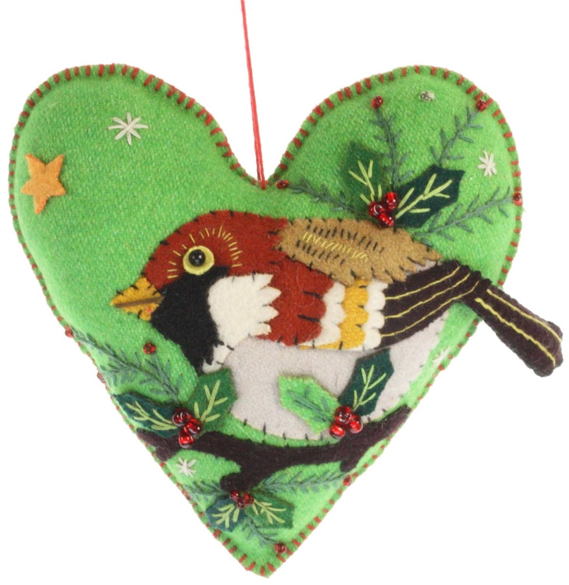 Hart met vogel/ hulst groen, vilt 13x6x13cm