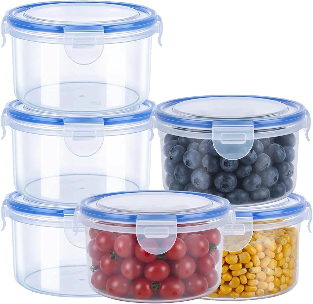 KZQ 6 Delige Ronde Plastic Opbergdozen Met Deksel, Geschikt Voor Maaltijdbereiding, Restjes, Fruit, Groenten En Granen, Inhoud 300 Ml Per Stuk, Kleur Blauw