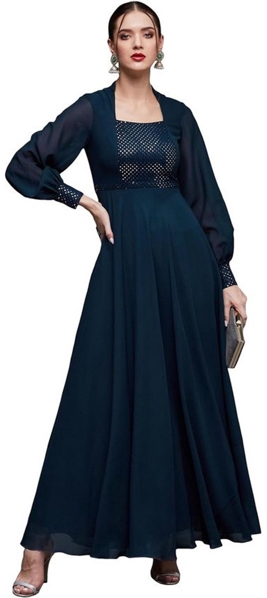 Lange Maxi-jurk Dames met Mandarijnkraag en Bishopmouwen - Elegante Panel Georgette Jurk met Zakken