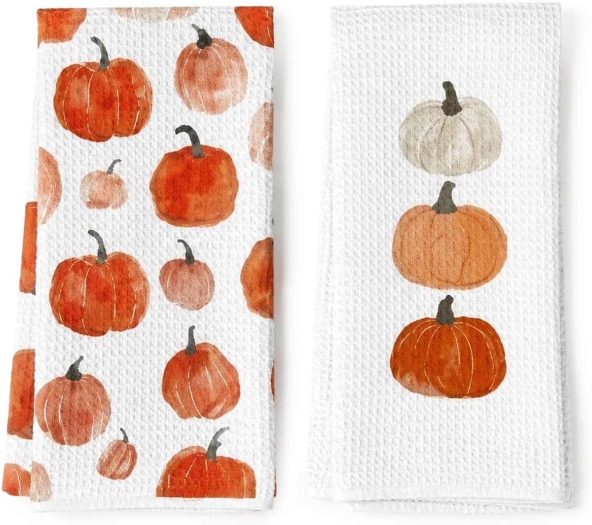 Keukendoek en Theedoek - Set van 2 Stuks - Absorberende Wafel Theedoeken met Herfstmotief - Geschikt voor Afwas & Handen Drogen - 40 x 60 cm - Wit & Oranje