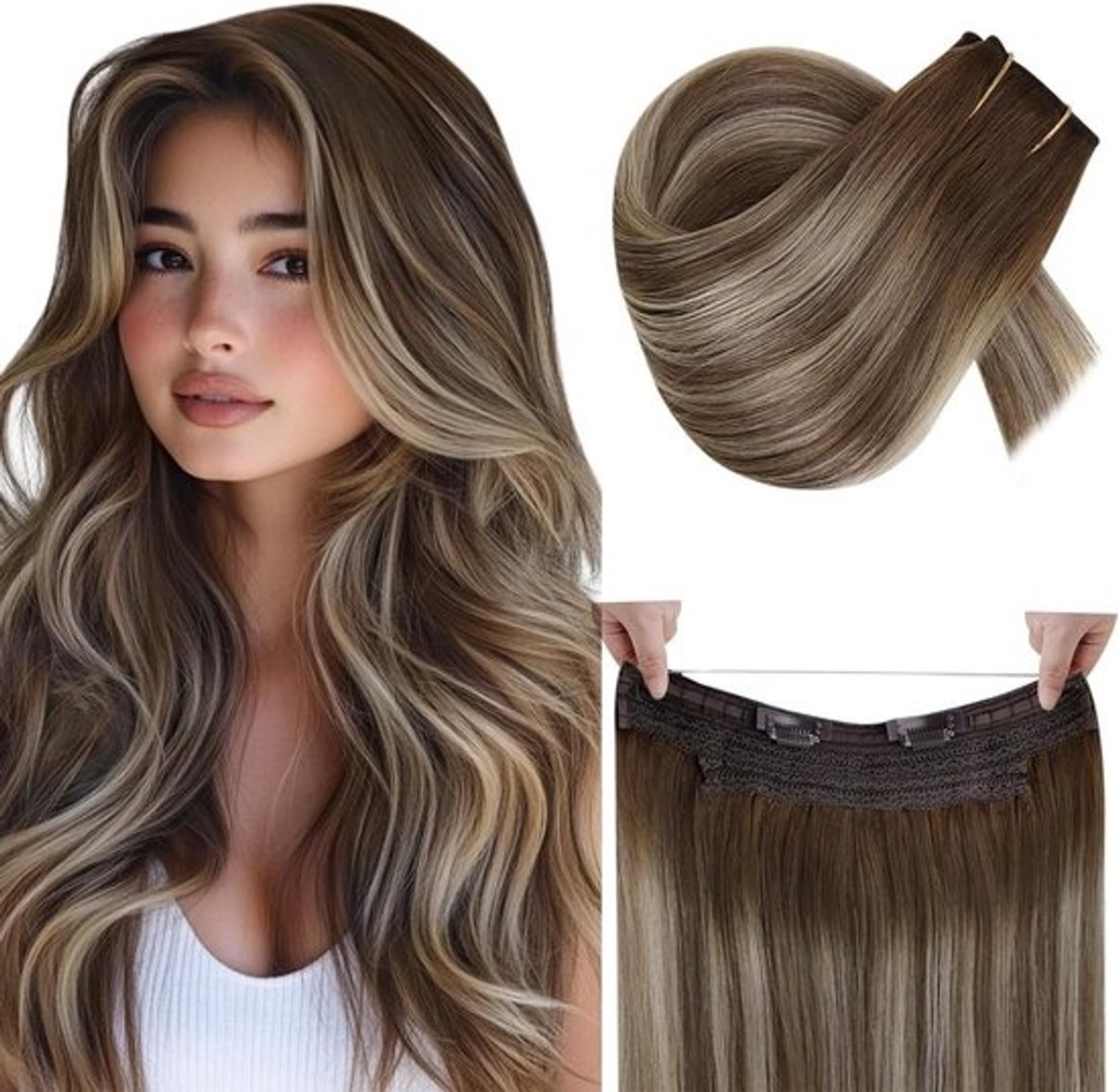 Onzichtbare Draad Haarverlenging 14 Inch Balayage Bruin naar Blond Menselijk Haar
