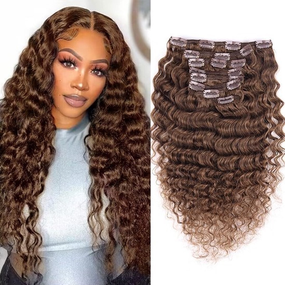 Echt Haar Clip-in Extensions Deep Curly 50 cm Donkerbruin - 8 Delige Set