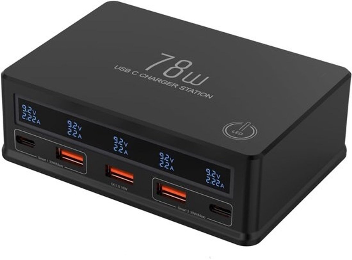 5-poorts USB-lader 78 W met LCD-display en snel opladen