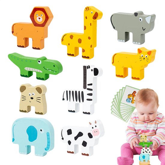 Houten dierenblokken: leeuw, giraf, neushoorn, krokodil, kat, muis, zebra, olifant, koe.