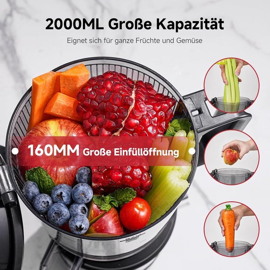 Slowjuicer - Sapcentrifuge - Gezond Sap Maken - Extra Grote Opening - 2 Liter - Zilver — afbeelding 5
