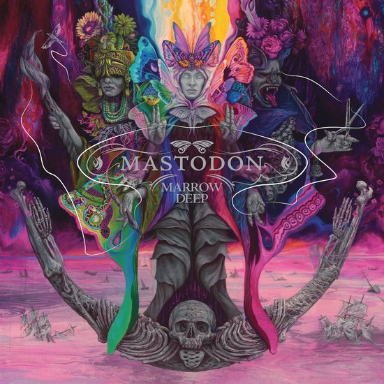 Pochette d'album Mastodon Marrow Deep avec artwork surréaliste et coloré et papillons.