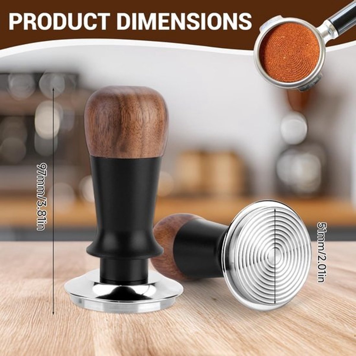 Koffie Tamper - Koffiestamper Espresso - Perfecte Espresso Bereiden - Veerbelast Zelfnivellerend - 51mm - Hout Roestvrijstaal