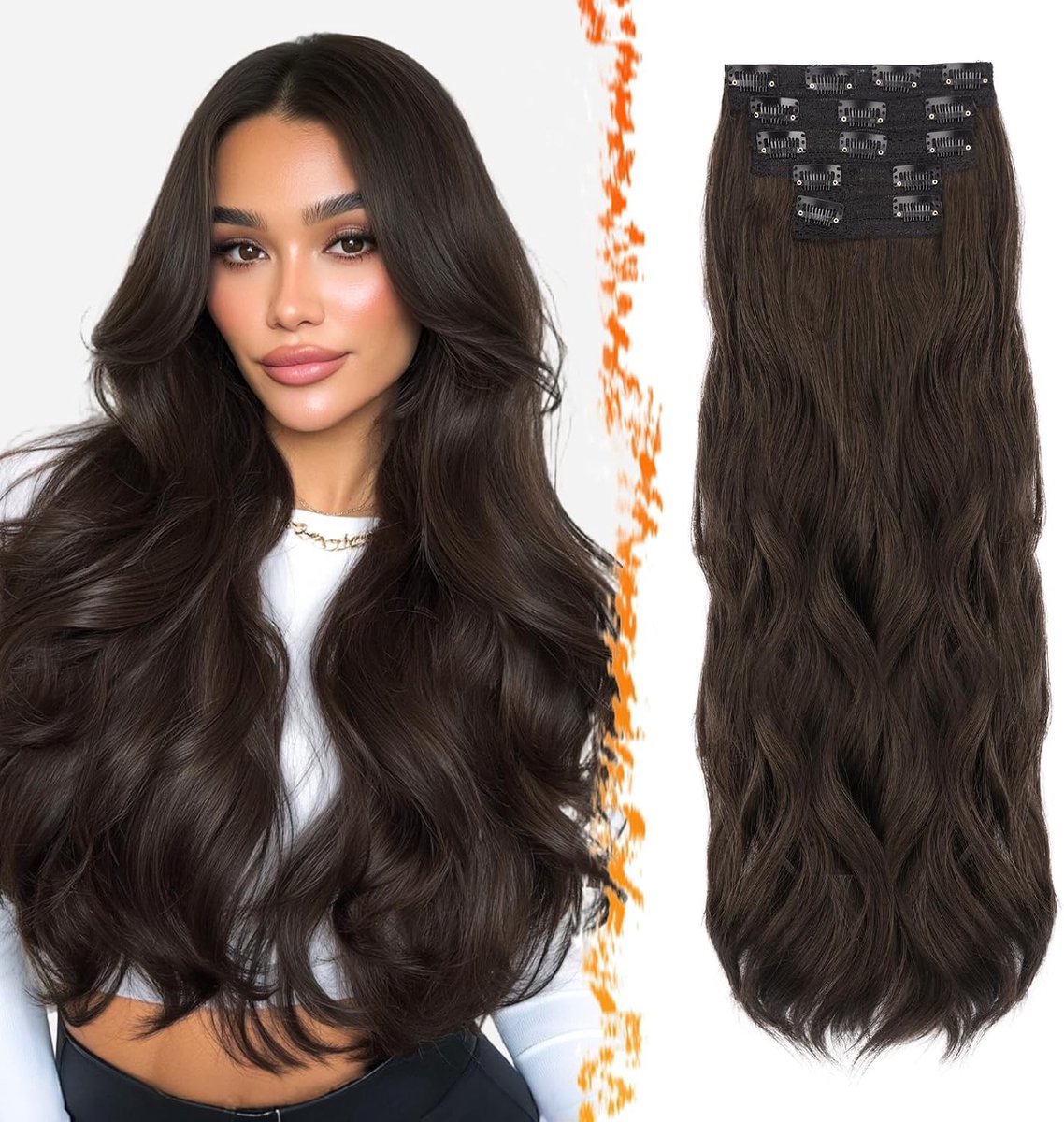 60cm Synthetische Lange Golvende Donkerbruine Clip-in Haarextensions voor Volumineus Haar