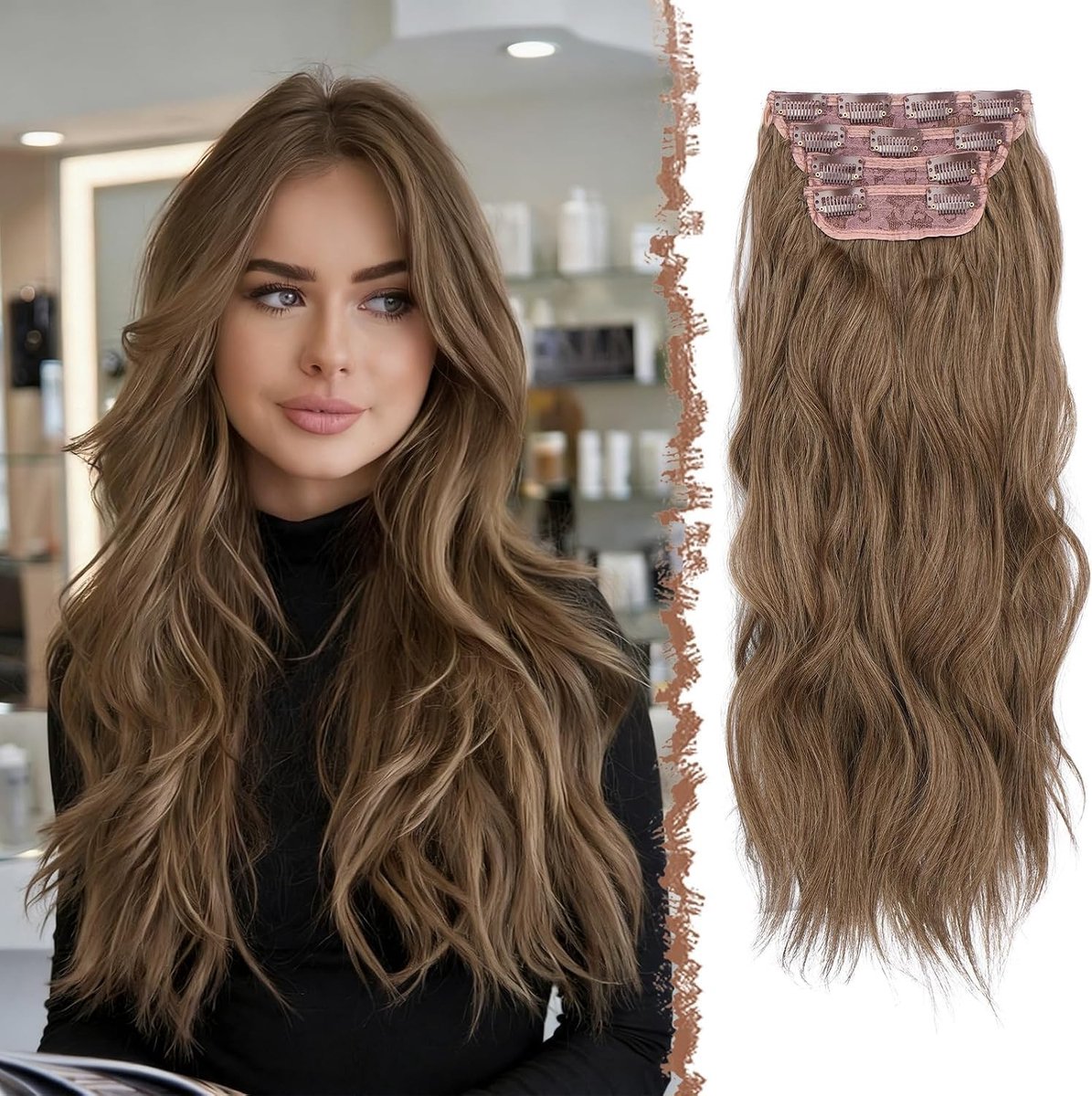 Lange Golvende Clip-in Hair Extensions van 50 cm in Toffee Gemengd - 4 Stuks Synthetisch Haar voor Vrouwen, Ideaal voor Volumineuze Haarstijl en Gemakkelijke Verlenging