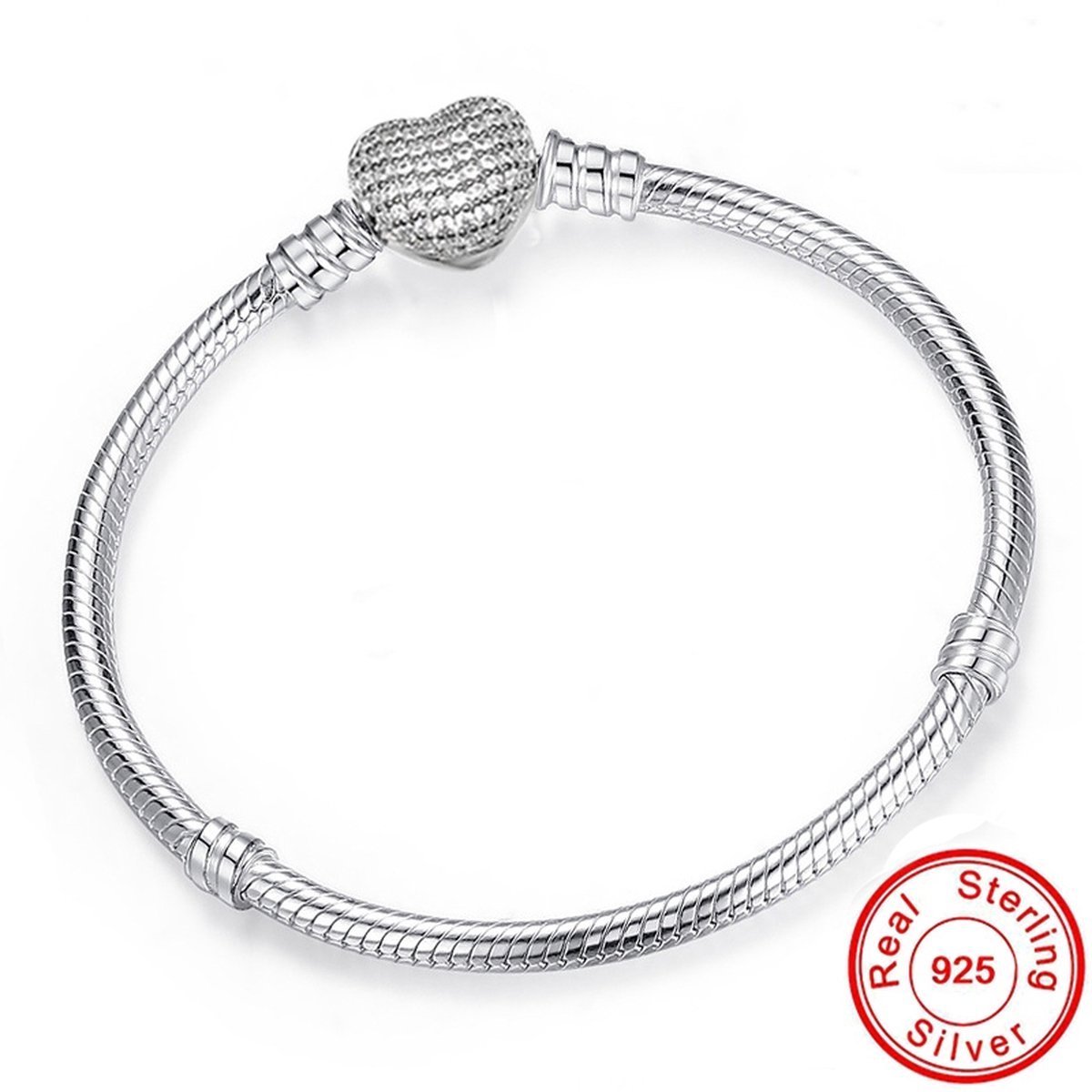 Fler® | 925 Sterling Zilver Armband | bedelarmband dames zilver | geschikt voor alle populaire bedelcollecties | Bedelarmband | Vlinder sluiting met hartje | Elegante dames armband | Maat 17