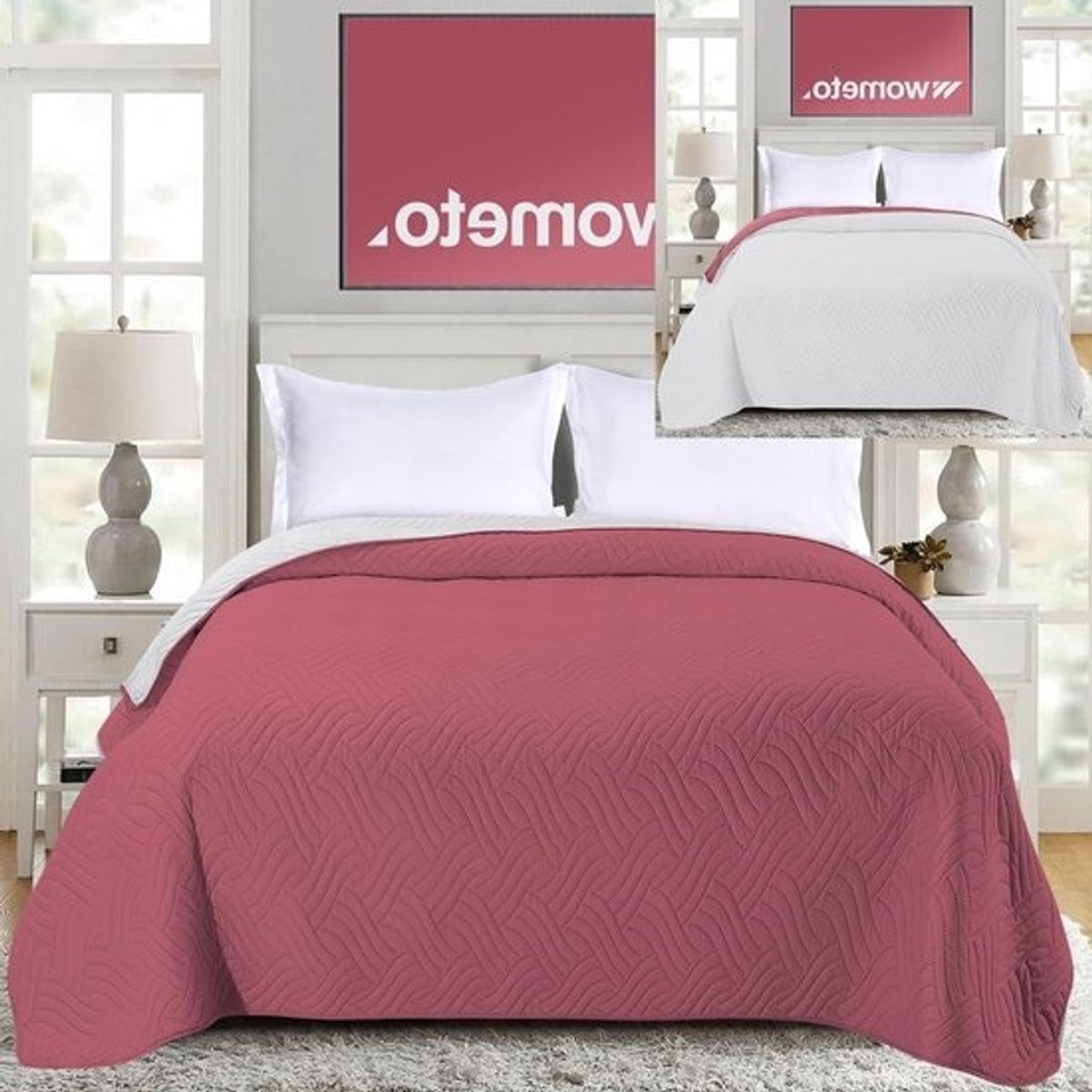 Gewatteerde sprei - Bank deken - Bed opmaken - Omkeerbaar design - 170 x 210 cm - Roze lichtgrijs