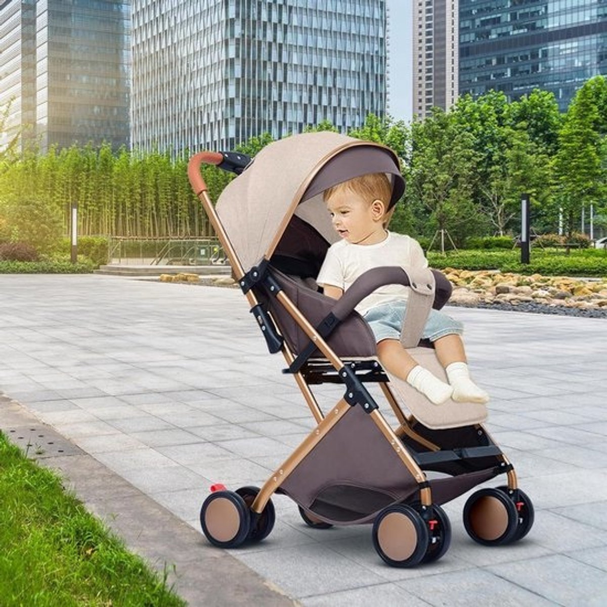 Kinderwagen Baby - Lichtgewicht buggy - Veilig op pad - Liggend of zittend - Tot 35 kg - Kaki