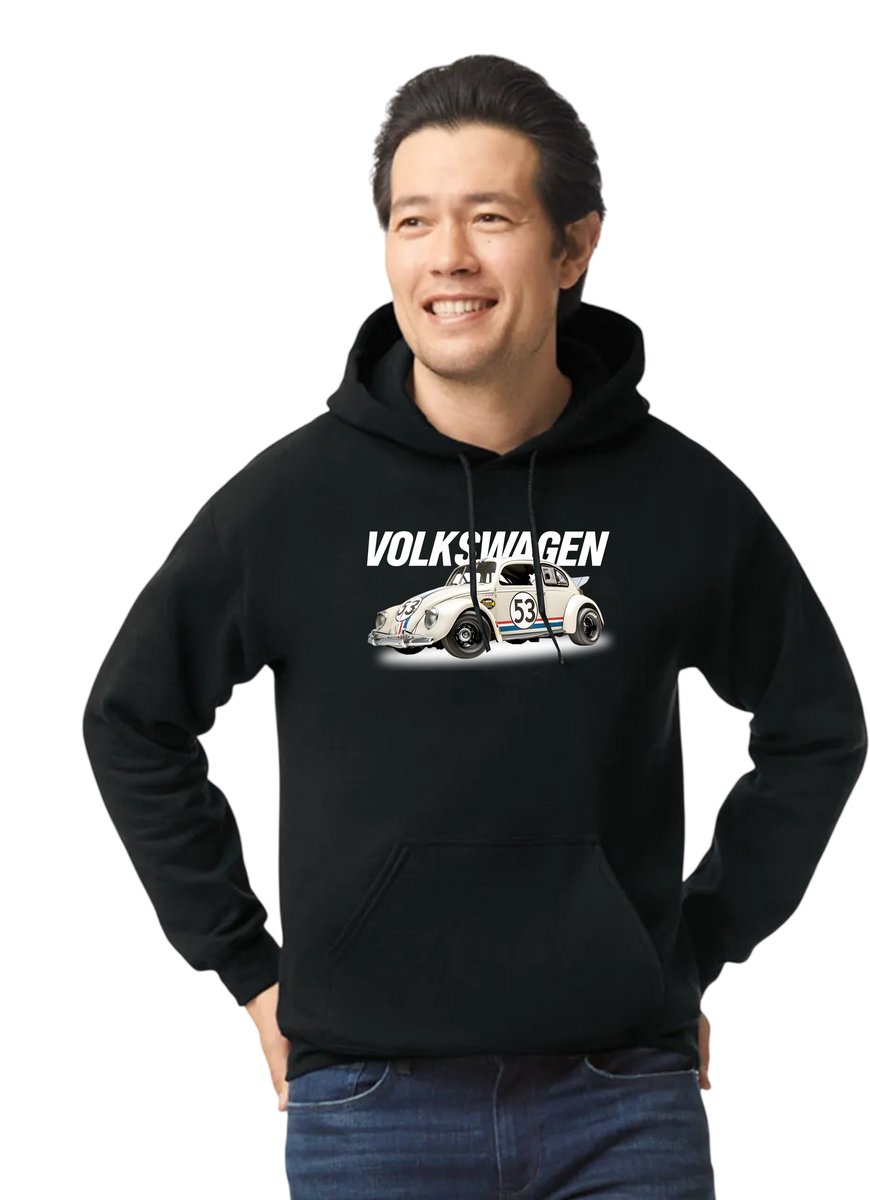 Hooded sweater zwart met opdruk van Volkswagen Kever (Herbie, Beetle, #53) maat M van Shirtmakelaar