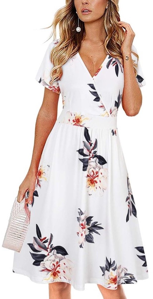 Zomerjurk Dames - Bloemenjurk Casual - Strand Feestdagen - Met Handige Zakken - Knielang - Floral03