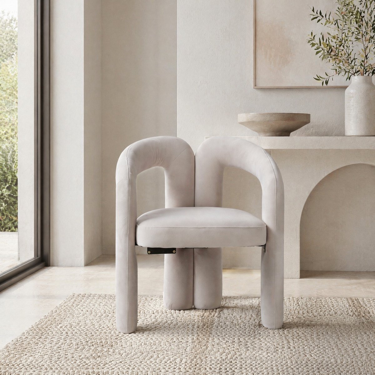Wishdor Eetkamerstoel - Kuipstoel met armleuningen - Gevoerde zitting en ronde rugleuning - Modern design - Woonkamer eetkamer kantoor - Velvet - Beige - 64 x 50,5 x 71 cm