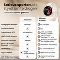 Vergelijkingstabel van smartwatches met focus op functies en accessoires, met een crème-kleurig horloge.