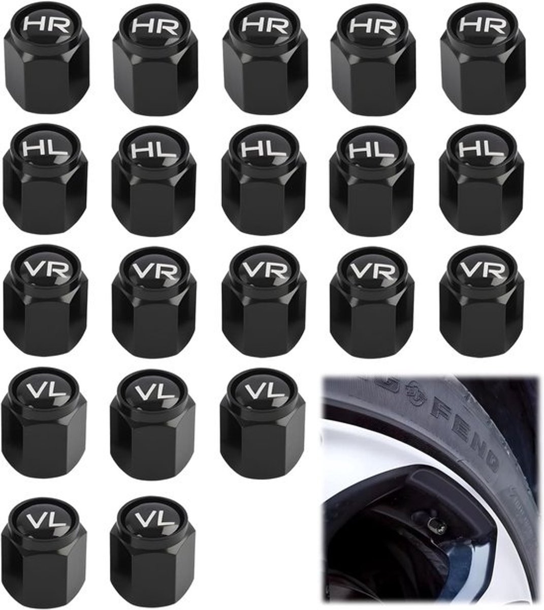 Metalen Ventieldoppen - Autoventieldoppen Set - Banden Bescherming - Met Label Markering - 20 Stuks - Zwart