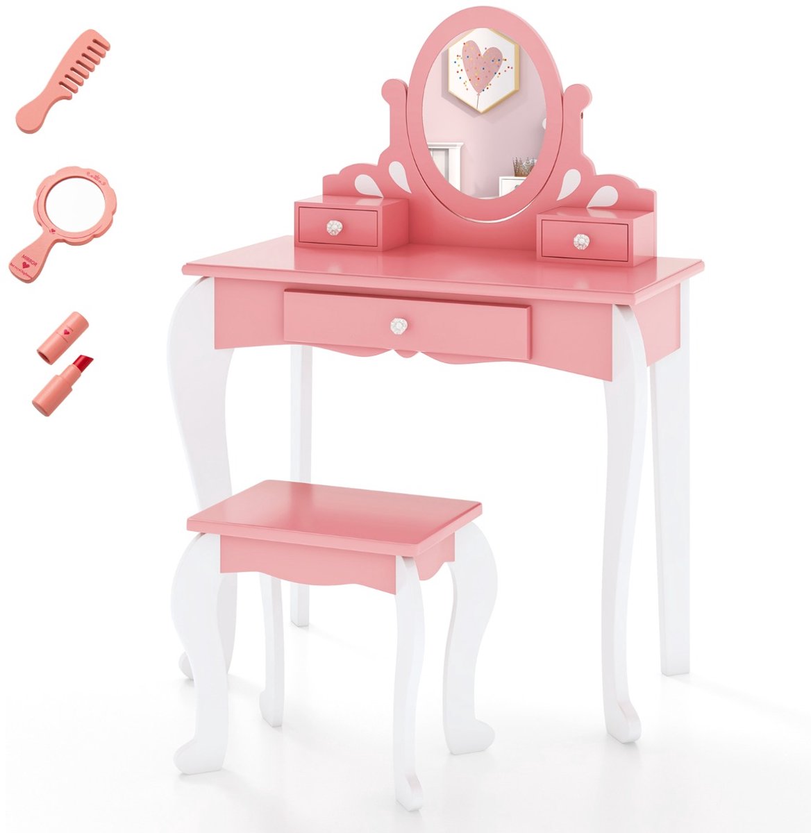 SureDeal® - Kaptafel - Stoel - Kinderen - Verwijderbare Draaibare Spiegel - Lades Roze - Wit - 70x33,5x99,5 cm - Roze