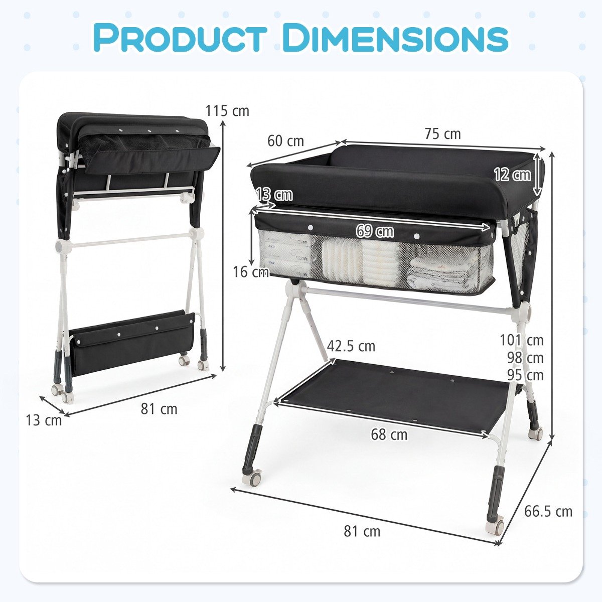 SureDeal® - Luiertafel - Draagbare Commode Opvouwbare - Voudig Verstelbare Hoogte - Vergrendelbare Wielen - 81x66,5x95 cm - Zwart