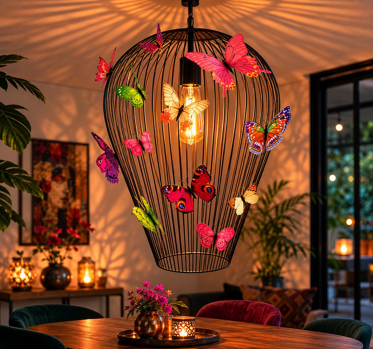 ZoeZo Design - hanglamp - vlinderlamp - lamp - Ø 35 cm - H 53 cm - grote hanglamp - zwart - metaal - met kunststof magneet vlinder - max. 60w