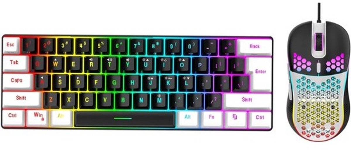 Compact Gaming Toetsenbord - Verlicht Toetsenbord - Gaming en Kantoor - Mechanisch Gevoel - 61 Toetsen - Zwart Wit Frame