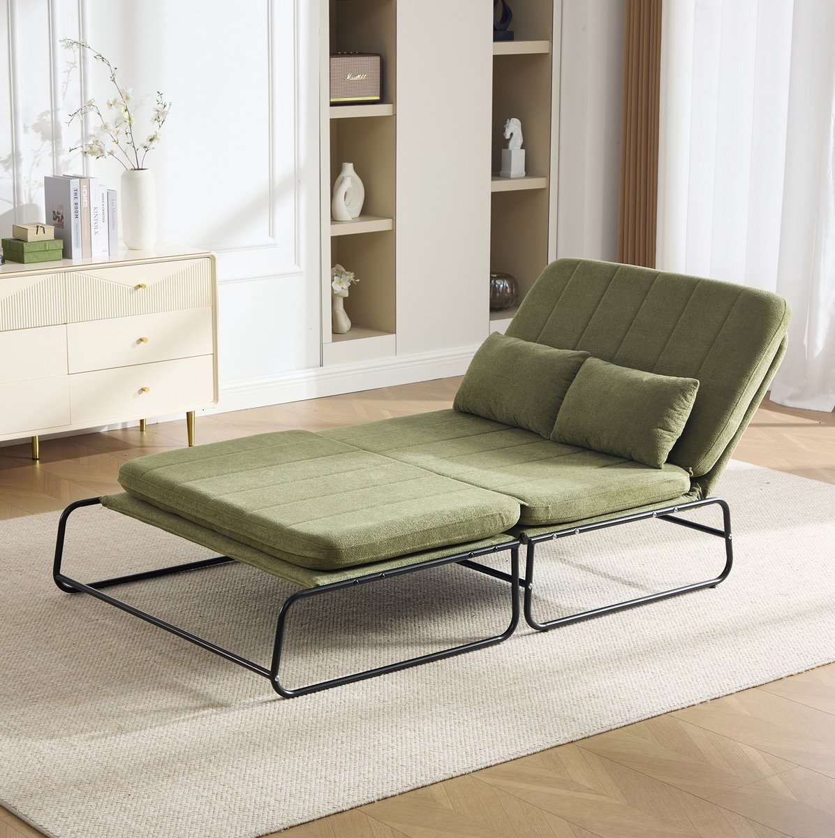 MODENUIT Slaapbank 104 cm - 2-Zits - Opvouwbaar Met Zijvakken - Voor Woonkamer En Logeerkamer - Chenille - Olijfgroen