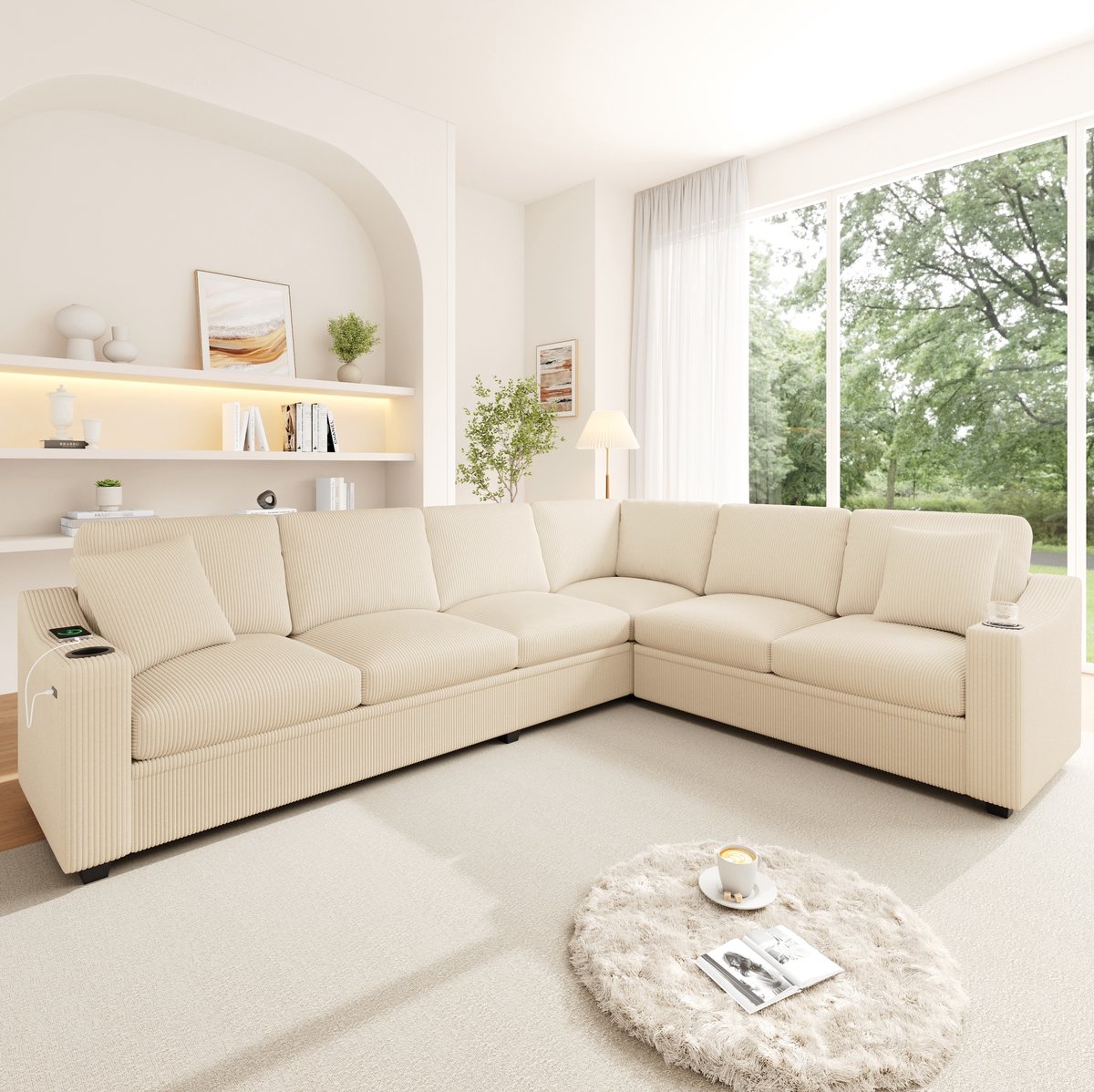 MODENUIT Hoekbank 277 x 215 x 85 cm - Modulair met USB en Type-C en Bekerhouders - Woonkamer - Corduroy - Beige