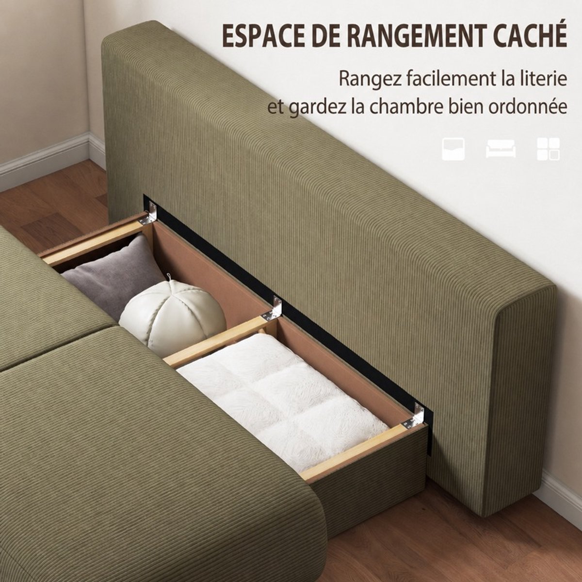 MODENUIT Slaapbank 188 x 100 x 84 cm - Bedfunctie en Opbergruimte - Woonkamer en Logeerkamer - Cord - Donkergroen
