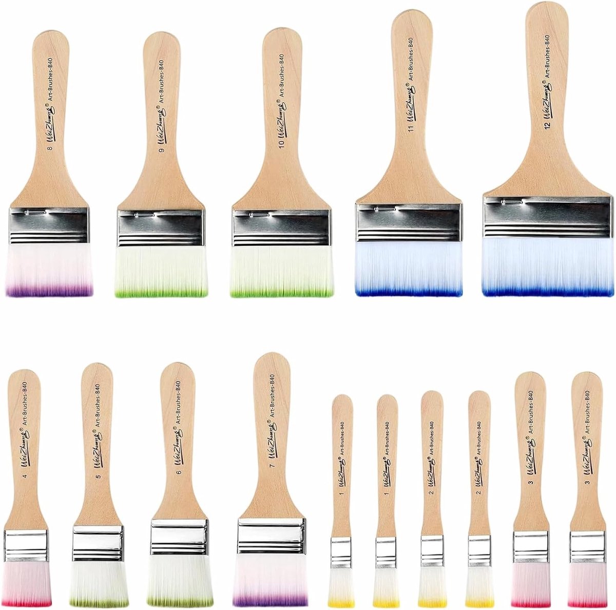 Set van 15 platte penselen in 12 maten voor acryl, aquarel en olie - Houten handvat en veelzijdige kwasten voor kunstenaars