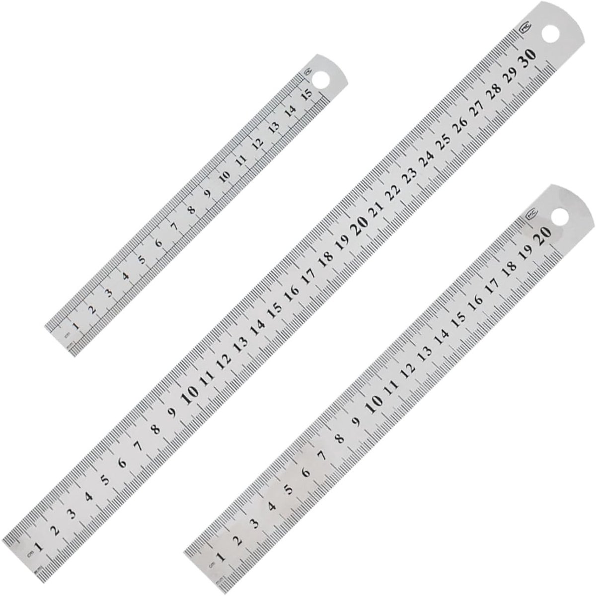 Set van 3 RVS Linialen van 15 cm, 20 cm en 30 cm met Dubbele Schaal voor Nauwkeurig Meten in Onderwijs, Kantoor en Technisch Ontwerp