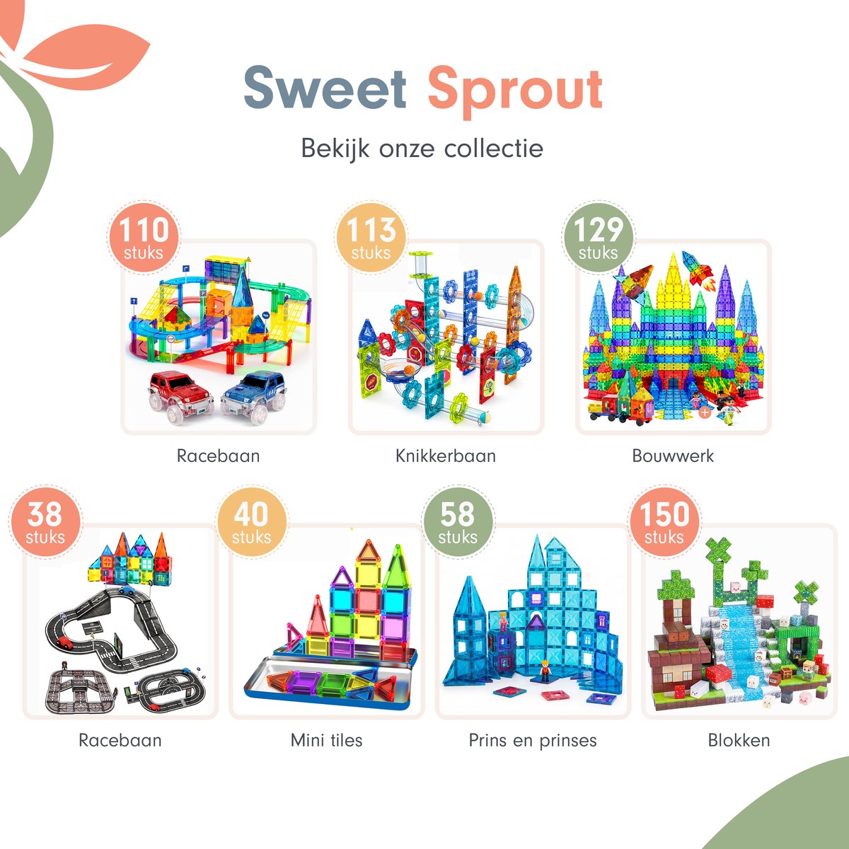 Sweet Sprout Magnetische Blokken - 150 stuks - Speelgoed - Magnetic Tiles - Blokken - Magnetic Cubes - Bouwstenen - Bouw jouw magna wereld - Magneten speelgoed - Constructiespeelgoed — cadeau in Spellen & Speelgoed - foto 8