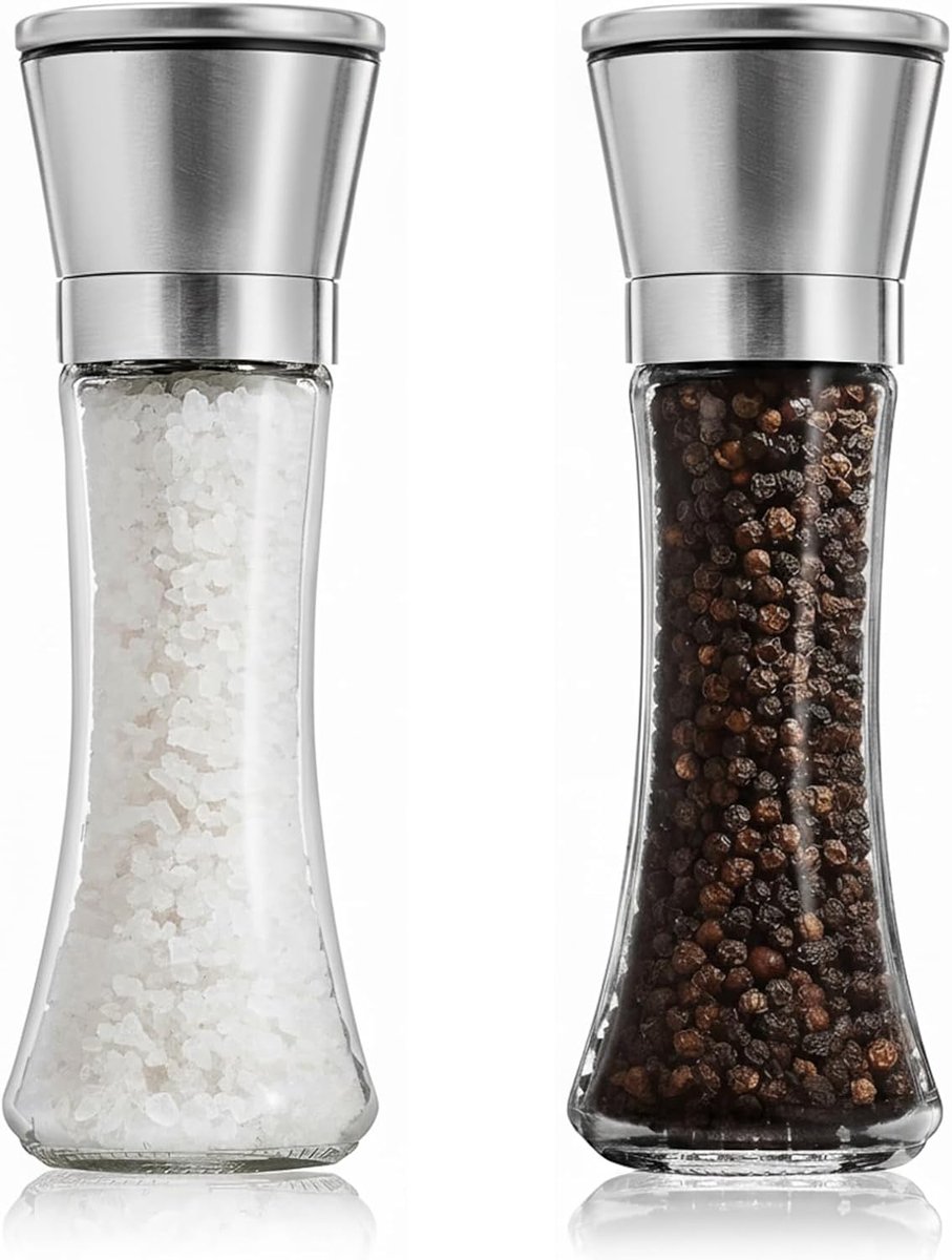 Set van 2 roestvrijstalen pepermolens - Glazen maalbeker - Versgemalen Sichuanpeperkorrels - Zeezoutmolen - Kruidenfles - 200 ml zout- en peperfles - Geschikt voor zout, peper en specerijen, vaatwasmachinebestendig (specerijen niet inbegrepen)