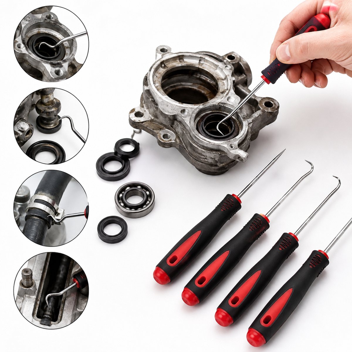 4-delige Haak- en Pickset 16 cm – O-Ring & Afdichting Verwijdergereedschap – Magnetische Precisiehaken – Gehard Staal – PP/TPR Handgrepen