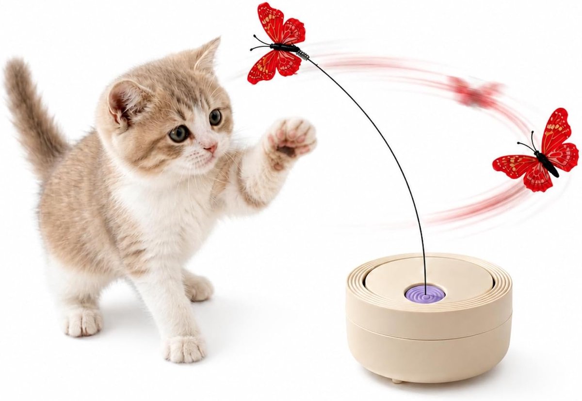Interactief vlinderspeeltje voor katten met een 360° draaibare stang - 12 cm - Beige - Biedt vermaak en ontspanning voor uw huisdier - Vlinder met sterke zuignappen - Duurzaam en leuk kattenspeeltje in de vorm van een stokje