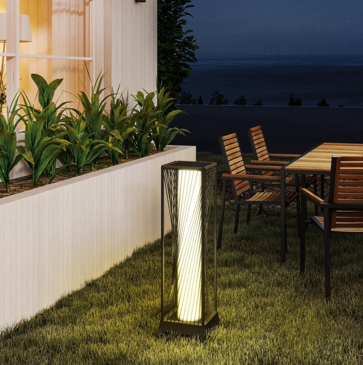 COVREO Staande lamp 22x22x77 cm zwart grijs rotan - solar met sensor - 25 LED - voor buiten
