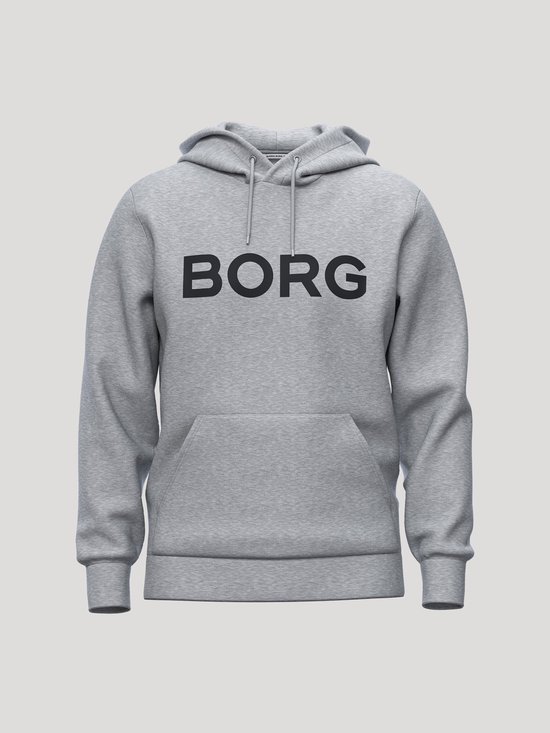 Lichtgrijze Björn Borg hoodie met capuchon, trekkoorden en zwarte BORG-print op de borst.