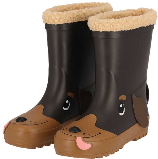 Bottes de pluie marron avec visage de chien, oreilles marron, yeux blancs et langue rose. Doublure en peluche.