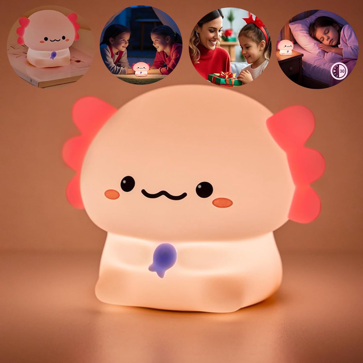 Axolotl Nachtlampje, Nachtlampje Met 3 Dimstanden, Zachte Siliconen Kinderkamerlamp, Timer Van 30 Minuten.