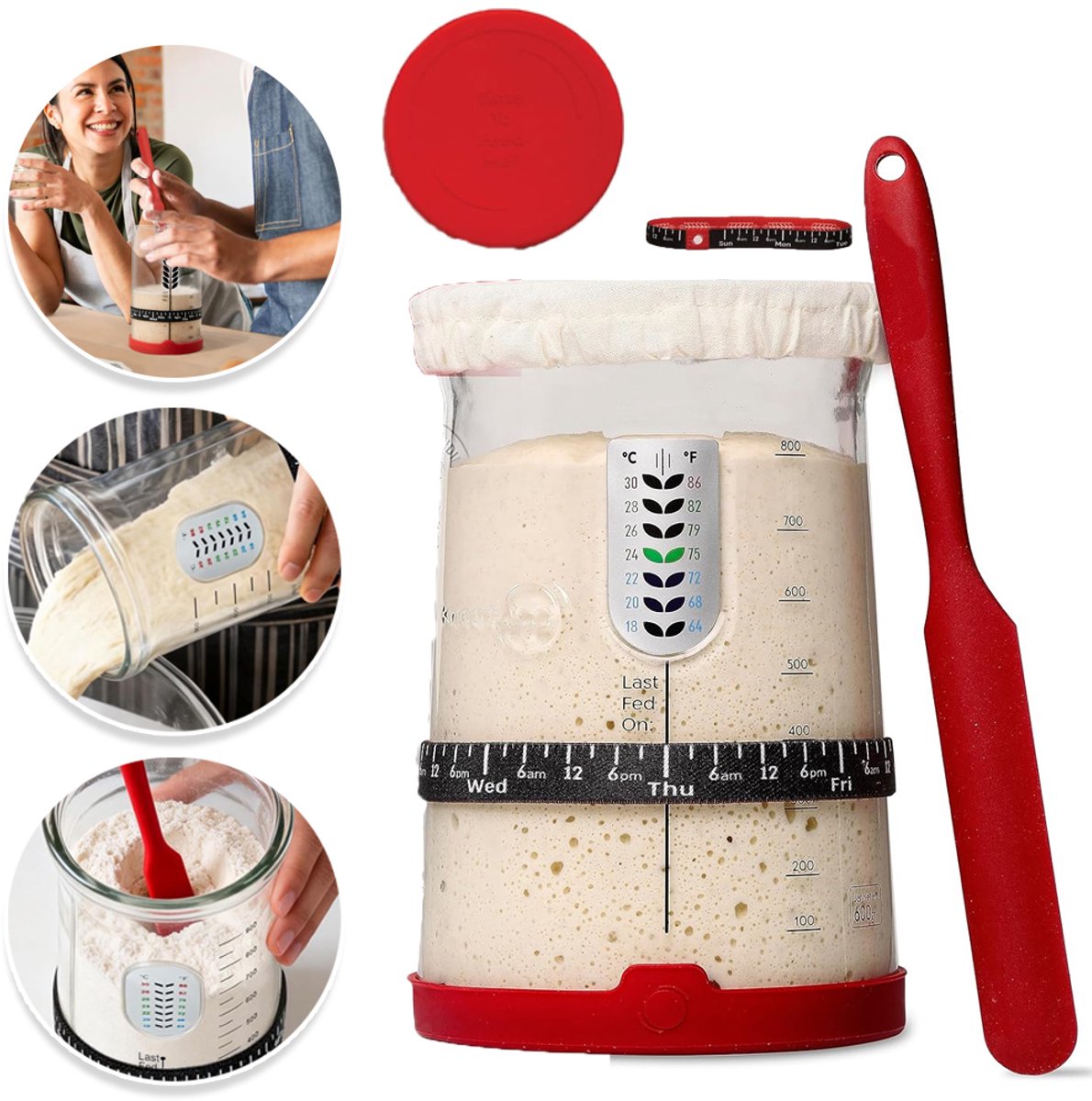 Fermentatie Pot Van Glas - 1000 ml Zuurdesem Starter Pot Met Siliconen Spatel Thermometer En Slimme Voedingsherinnering Dubbele Deksels, Trechteropening - Rood
