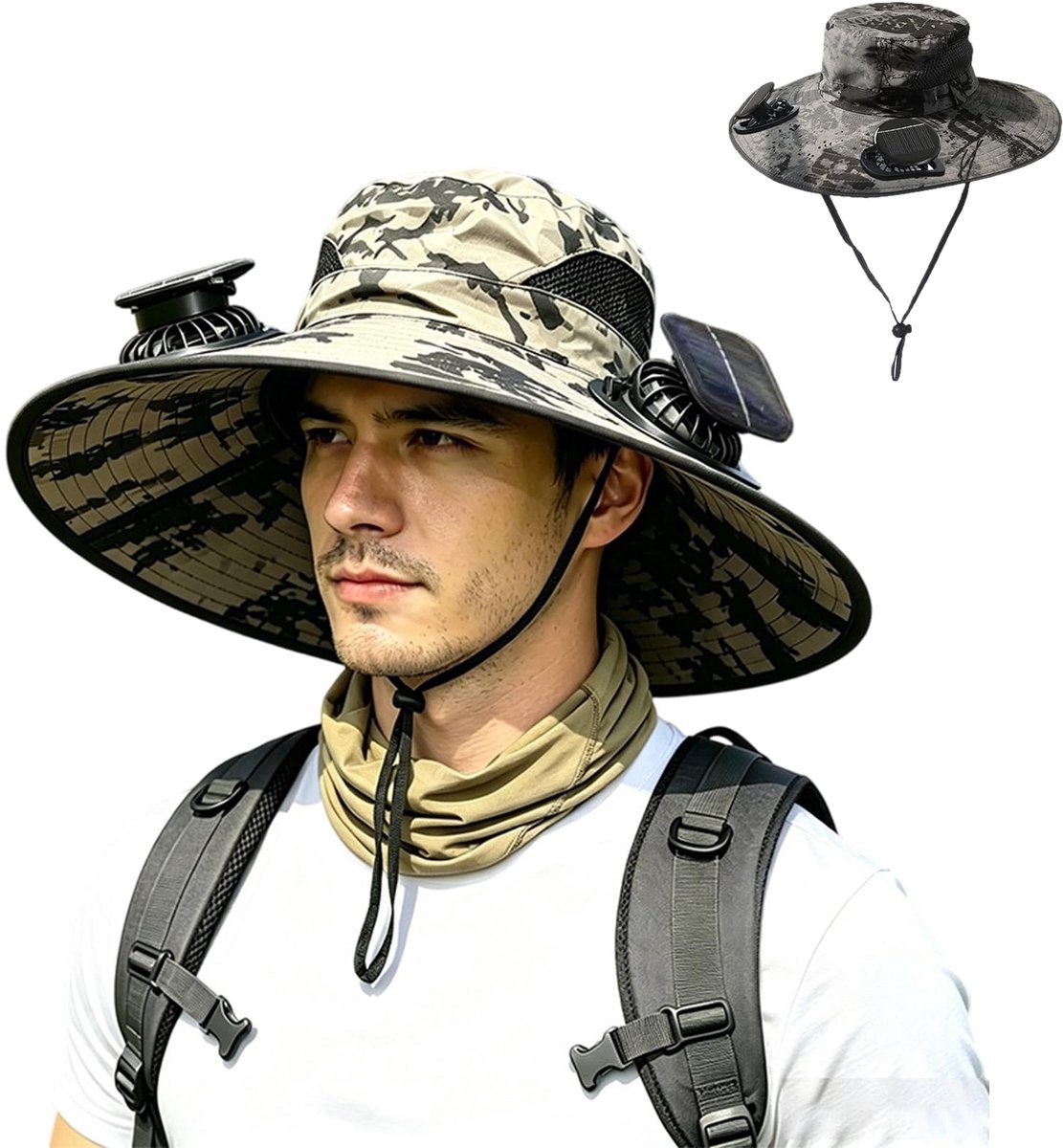 Casalora® Safari Hoed – Bucket Hat – Met ventilatoren op zonne-energie – Vissershoedje – UV Bescherming - Zonnehoed - Extra Brede Rand – Stijlvol – Dames en Heren – Ademende – Voor vissen, Kamperen, Wandelen, Strand, Zomer en Safari