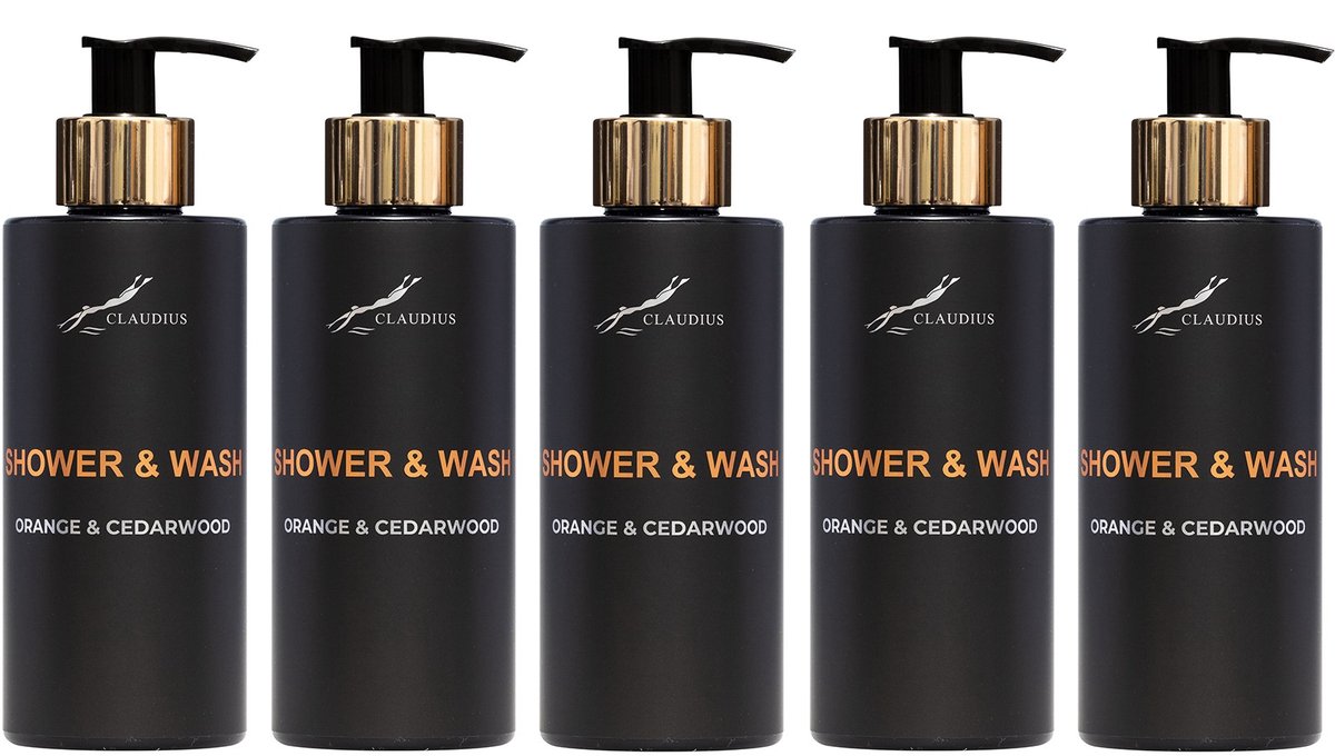 Shower & Wash Orange & Cedarwood 300 ml - met gouden pomp - zwarte fles - set van 5 stuks - Voordeelverpakking
