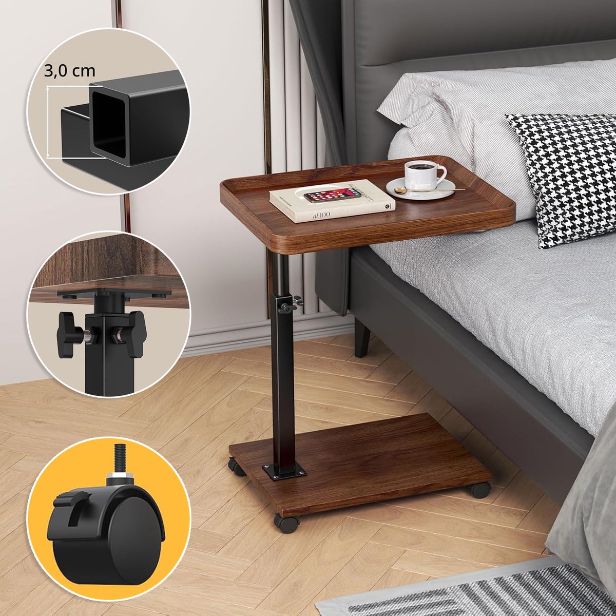 Verstelbare Bijzettafel Op Wielen Met 360° Draaibare Wielen - 45-96 cm Hoog Walnootkleurige Afwerking Stalen Frame Opklapbaar Blad - Voor Gebruik Naast De Bank Het Bed En in Bad - Woonkamer Slaapkamer Kantoor