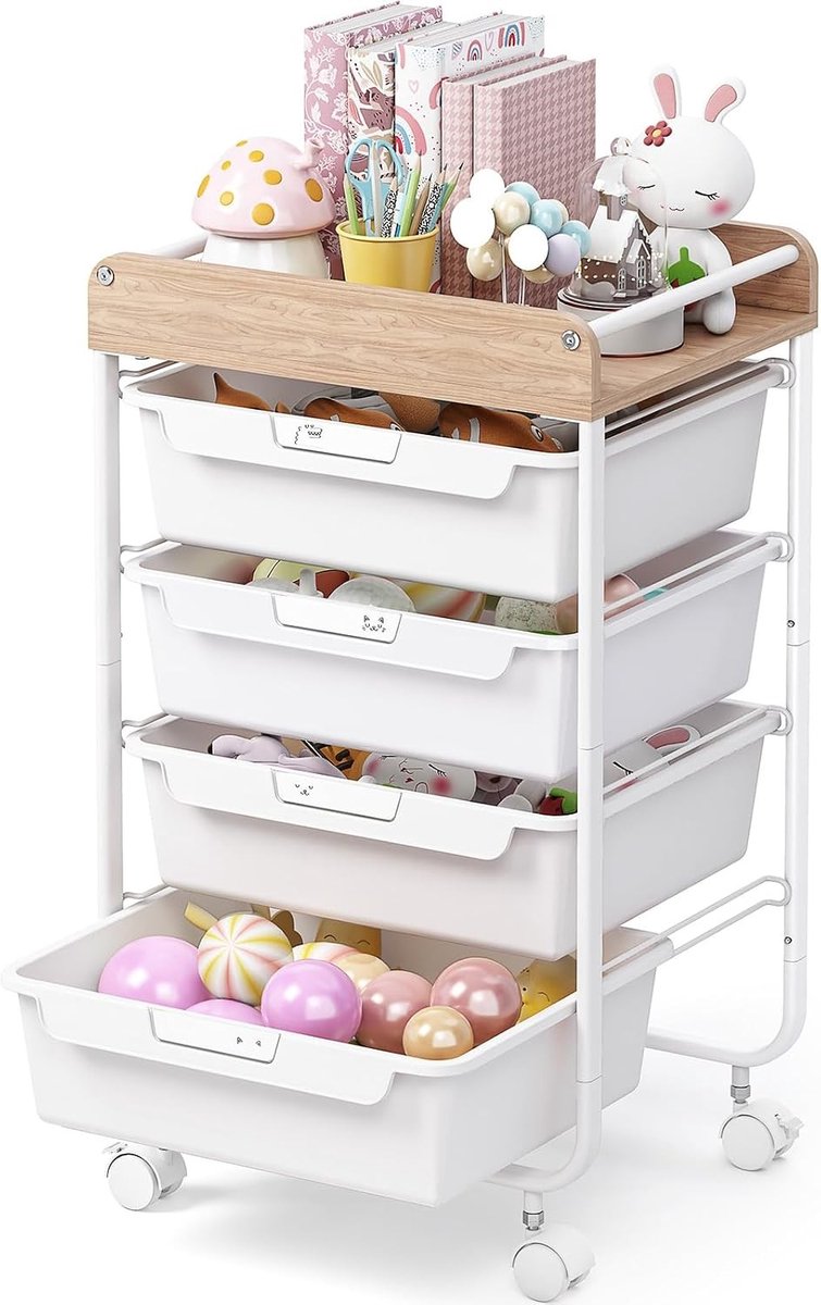 Rolkast met Wielen - Wit - 38,8 x 30,6 x 78 cm - Kunststof met Houten Planken - Voor Badkamer, Keuken, Woonkamer en Kantoor