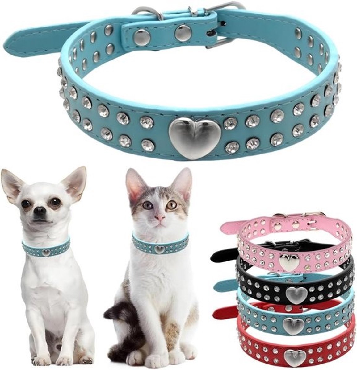 Glitter Hondenband met Hartvormige Strass Steentjes voor Kleine Honden en Poesjes