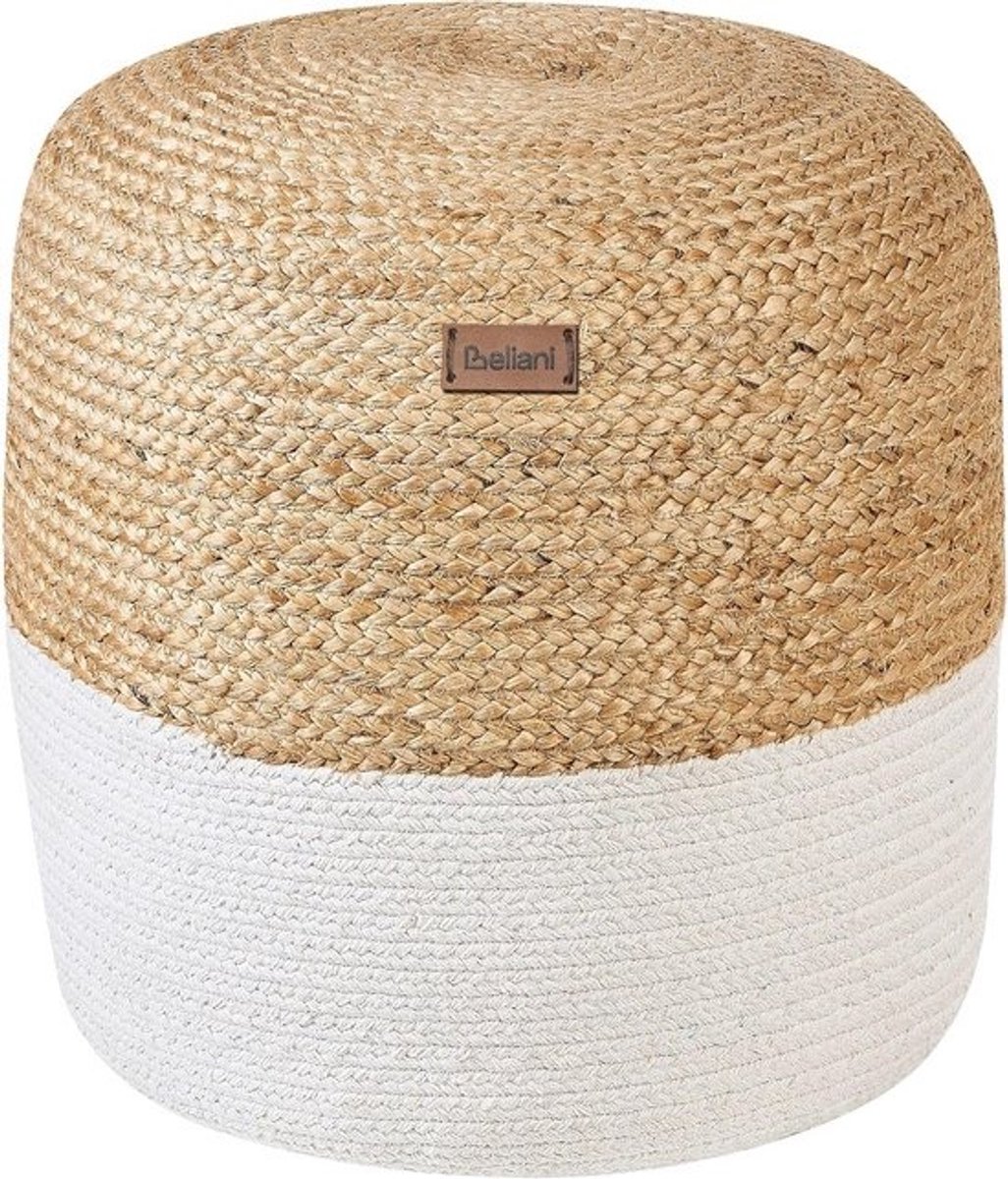 Ronde gebreide poef in wit en jute - Boho stijl