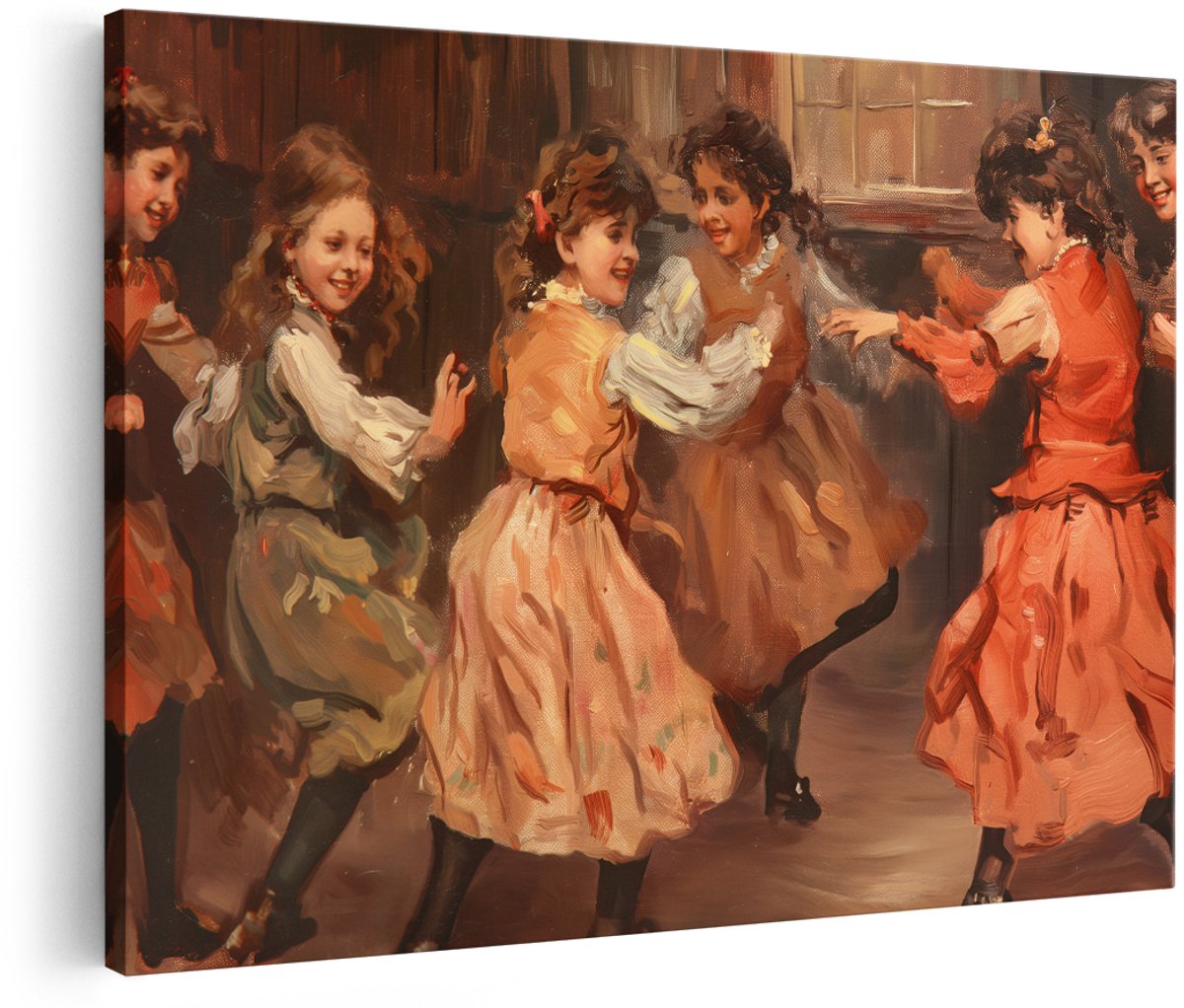 Artaza Canvas Schilderij Dansende Meisjes - 150x100 cm - Groot - Vintage Wanddecoratie - Muurdecoratie Klassiek Schilderij - Decoratie Kinderen Woonkamer